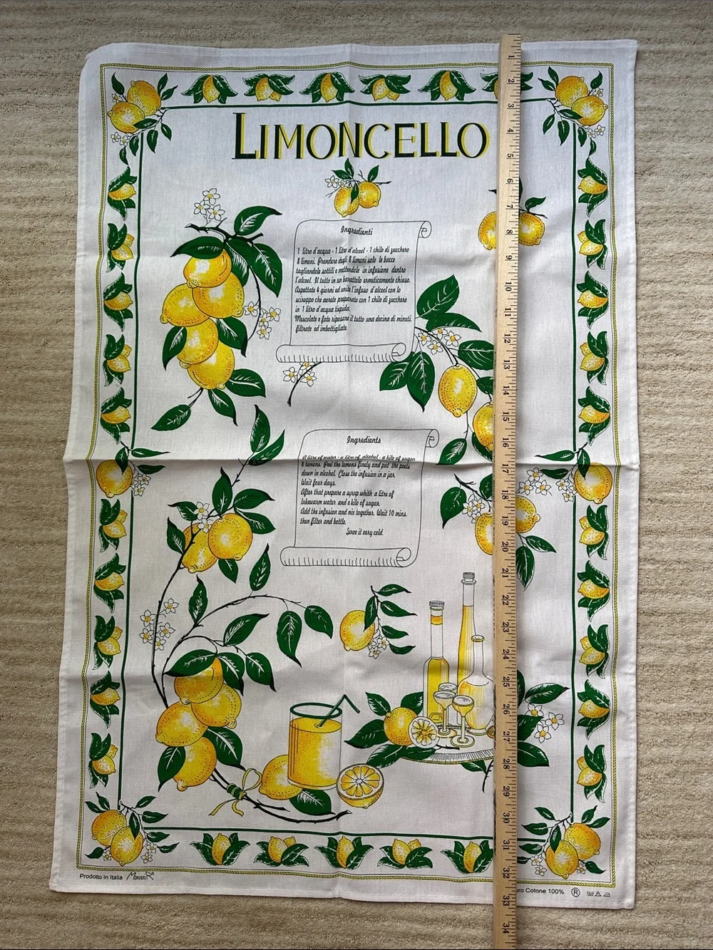 NWOT Lemon Tea Towel Italy Cotton LIMONCELLO MonveniR 22” X 34” Vintage Italian